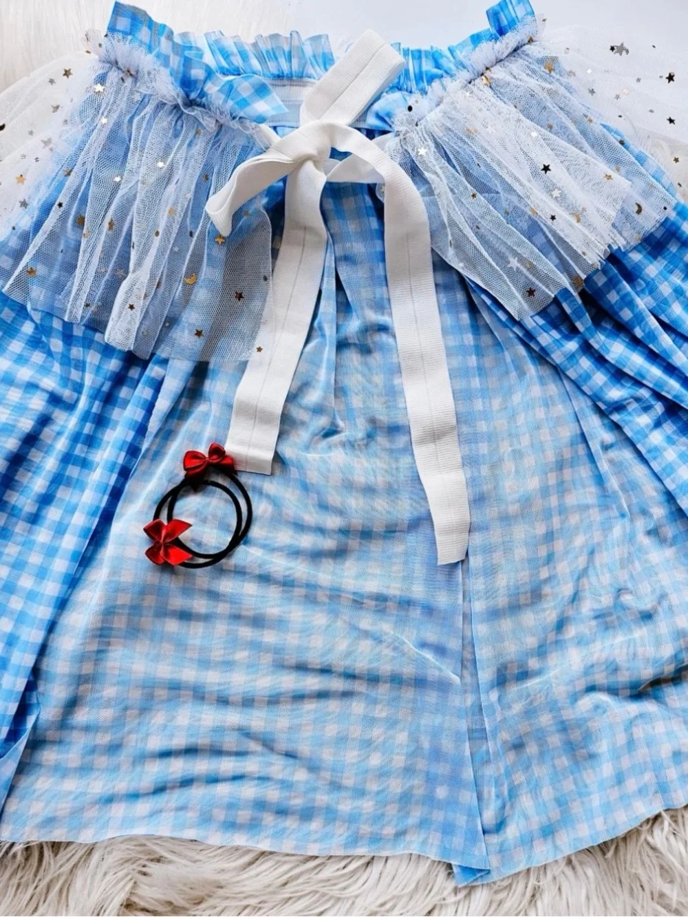Blue Gingham Ruffled Kids Costume Swimsuit with Tulle Accent